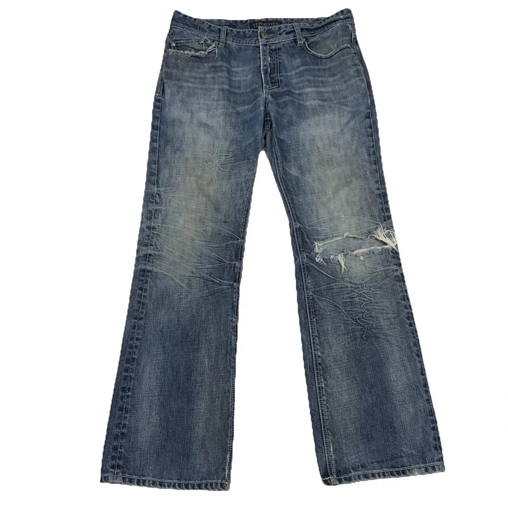 Affliction‎ Cooper Relaxed Bootcut Jeans Mens 36 Distressed Stone Blue Y2K Denim